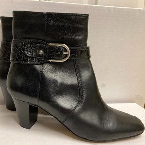 Anne Klein Black Leather & embossed leather Booties with silver buckle, Size 7